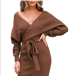 Light-brown faux-wrap bodycon sweater dress